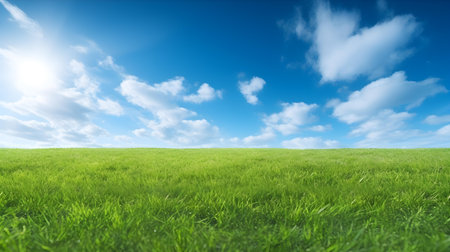 Panoramic view of a beautiful green field and a cloudy skyの素材