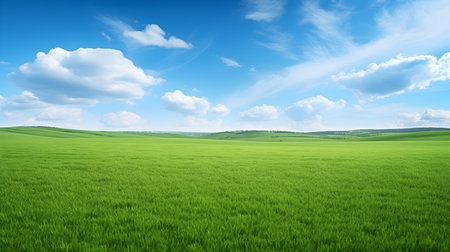 Panoramic view of a beautiful green field and a cloudy skyの素材