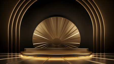 Dark Gold Room with an Empty Podium. Amazing background for product presentation.の素材