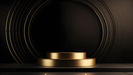 Dark Gold Room with an Empty Podium. Amazing background for product presentation.の素材