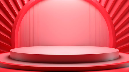 Light Red Room with an Empty Podium. Amazing background for product presentation.の素材