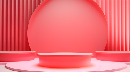 Light Red Room with an Empty Podium. Amazing background for product presentation.の素材