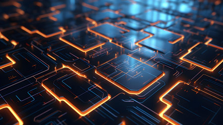Microchip glowing in anthracite colors. Technological and Futuristic Backgroundの素材