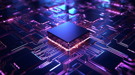 Microchip glowing in anthracite colors. Technological and Futuristic Backgroundの素材