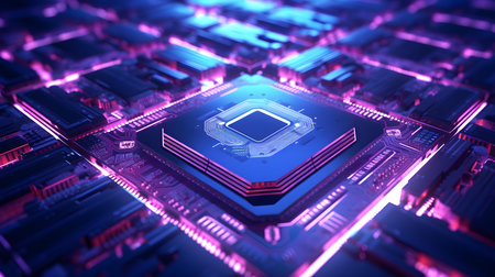 Microchip glowing in blush colors. Technological and Futuristic Backgroundの素材