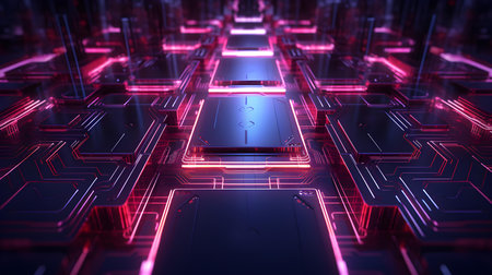 Microchip glowing in burgundy colors. Technological and Futuristic Backgroundの素材