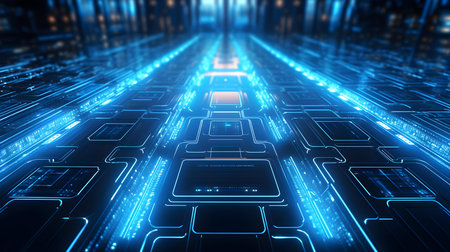 Microchip glowing in cyan colors. Technological and Futuristic Backgroundの素材