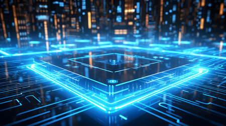 Microchip glowing in cyan colors. Technological and Futuristic Backgroundの素材