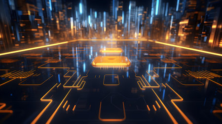 Microchip glowing in gold colors. Technological and Futuristic Backgroundの素材