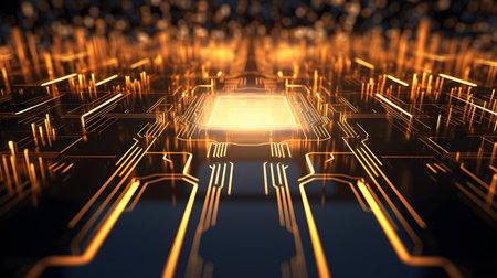 Microchip glowing in gold colors. Technological and Futuristic Backgroundの素材