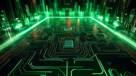 Microchip glowing in green colors. Technological and Futuristic Backgroundの素材