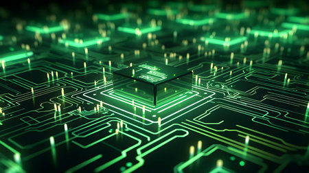 Microchip glowing in khaki colors. Technological and Futuristic Backgroundの素材