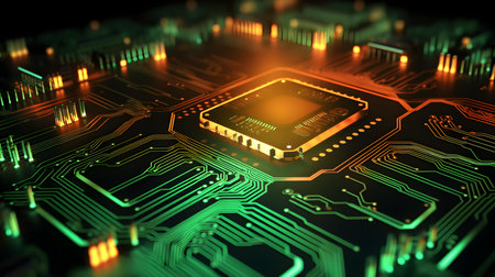 Microchip glowing in khaki colors. Technological and Futuristic Backgroundの素材
