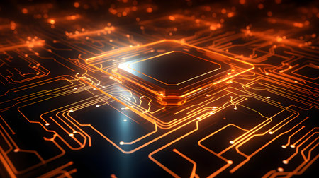 Microchip glowing in light orange colors. Technological and Futuristic Backgroundの素材