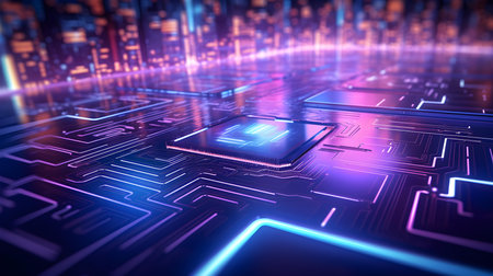 Microchip glowing in multicolor colors. Technological and Futuristic Backgroundの素材