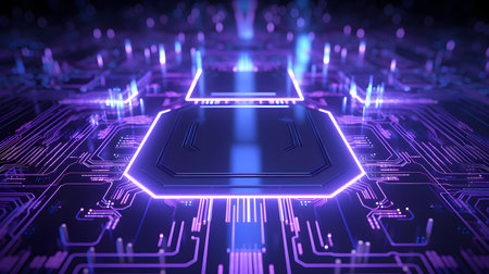 Microchip glowing in purple colors. Technological and Futuristic Backgroundの素材