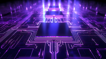 Microchip glowing in purple colors. Technological and Futuristic Backgroundの素材