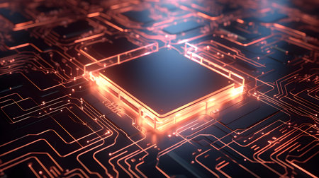 Microchip glowing in rose gold colors. Technological and Futuristic Backgroundの素材