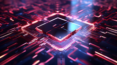 Microchip glowing in ruby colors. Technological and Futuristic Backgroundの素材