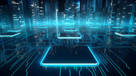 Microchip glowing in turquoise colors. Technological and Futuristic Backgroundの素材