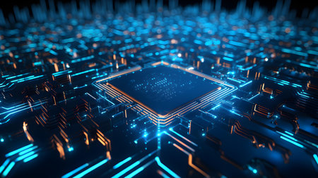 Microchip glowing in turquoise colors. Technological and Futuristic Backgroundの素材