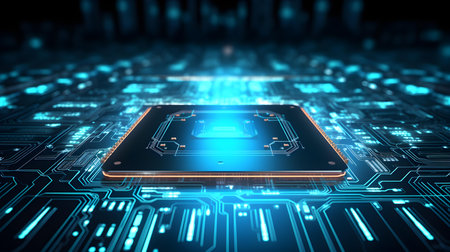 Microchip glowing in turquoise colors. Technological and Futuristic Backgroundの素材