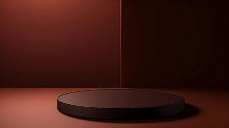 Minimalist Room with a Beautiful Stage in Dark Brown Colors. Modern and Futuristic Background for Product Presentation.の素材