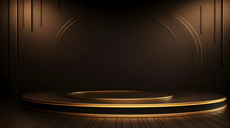 Minimalist Room with a Beautiful Stage in Dark Gold Colors. Modern and Futuristic Background for Product Presentation.の素材