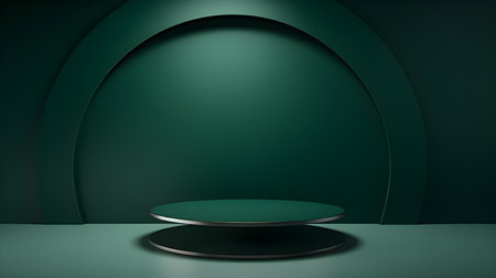 Minimalist Room with a Beautiful Stage in Dark Green Colors. Modern and Futuristic Background for Product Presentation.の素材