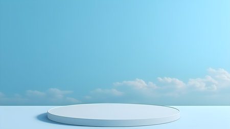 Minimalist Room with a Beautiful Stage in Sky Blue Colors. Modern and Futuristic Background for Product Presentation.の素材