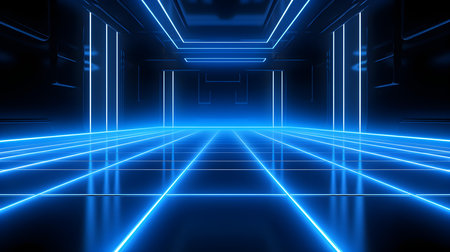 3D Render of a Room with Glowing Blue Neon Lines. Abstract backgroundの素材
