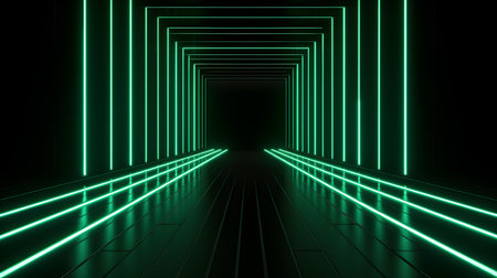 3D Render of a Room with Glowing Dark Green Neon Lines. Abstract backgroundの素材
