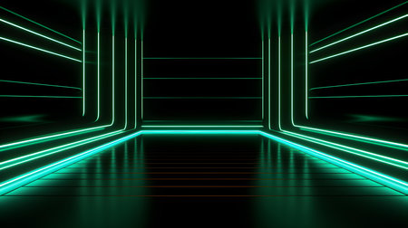 3D Render of a Room with Glowing Dark Green Neon Lines. Abstract backgroundの素材