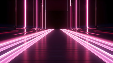 3D Render of a Room with Glowing Light Pink Neon Lines. Abstract backgroundの素材