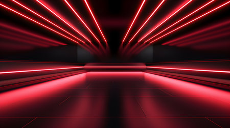 3D Render of a Room with Glowing Light Red Neon Lines. Abstract backgroundの素材