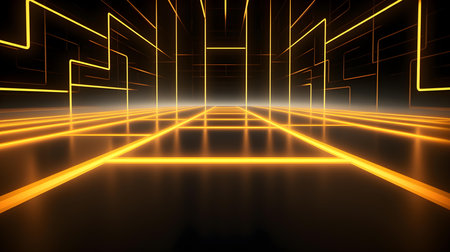3D Render of a Room with Glowing Light Yellow Neon Lines. Abstract backgroundの素材