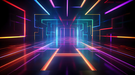 3D Render of a Room with Glowing Multicolor Neon Lines. Abstract backgroundの素材