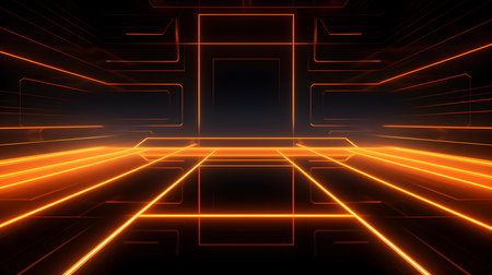3D Render of a Room with Glowing Orange Neon Lines. Abstract backgroundの素材