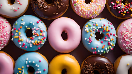 Overhead Shot of Colorful Donuts with Various Toppings in Grid Patternの素材