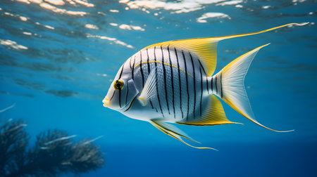 Close up of a colorful Angelfish swimming in the clear ocean. Natural background with beautiful lightingの素材