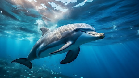 Close up of a Dolphin swimming in the clear ocean. Natural background with beautiful lighting