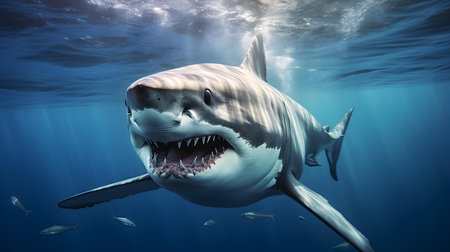Close up of a Great White Shark swimming in the clear ocean. Natural background with beautiful lightingの素材