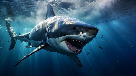 Close up of a Great White Shark swimming in the clear ocean. Natural background with beautiful lightingの素材