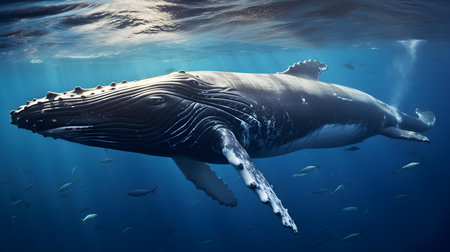 Close up of a Humpback Whale swimming in the clear ocean. Natural background with beautiful lightingの素材