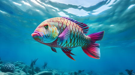 Close up of a Parrotfish swimming in the clear Ocean. Natural background with beautiful lightingの素材