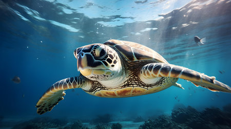 Close up of a Sea Turtle swimming in the clear Ocean. Natural background with beautiful lightingの素材