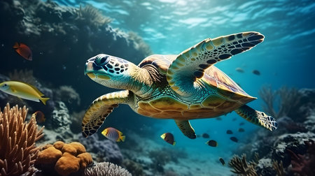 Close up of a Sea Turtle swimming in the clear Ocean. Natural background with beautiful lightingの素材