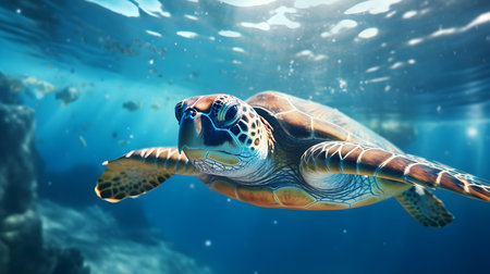 Close up of a Sea Turtle swimming in the clear Ocean. Natural background with beautiful lightingの素材