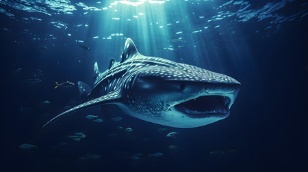 Close up of a Whale Shark swimming in the clear ocean. Natural background with beautiful lightingの素材