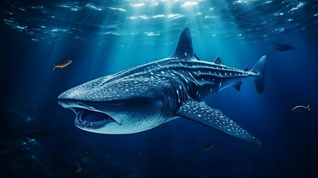 Close up of a Whale Shark swimming in the clear ocean. Natural background with beautiful lightingの素材